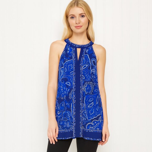 2 For $30 INC Sleeveless Racerback Tunic Top Blue-White Jersey Stretch S - Picture 1 of 8